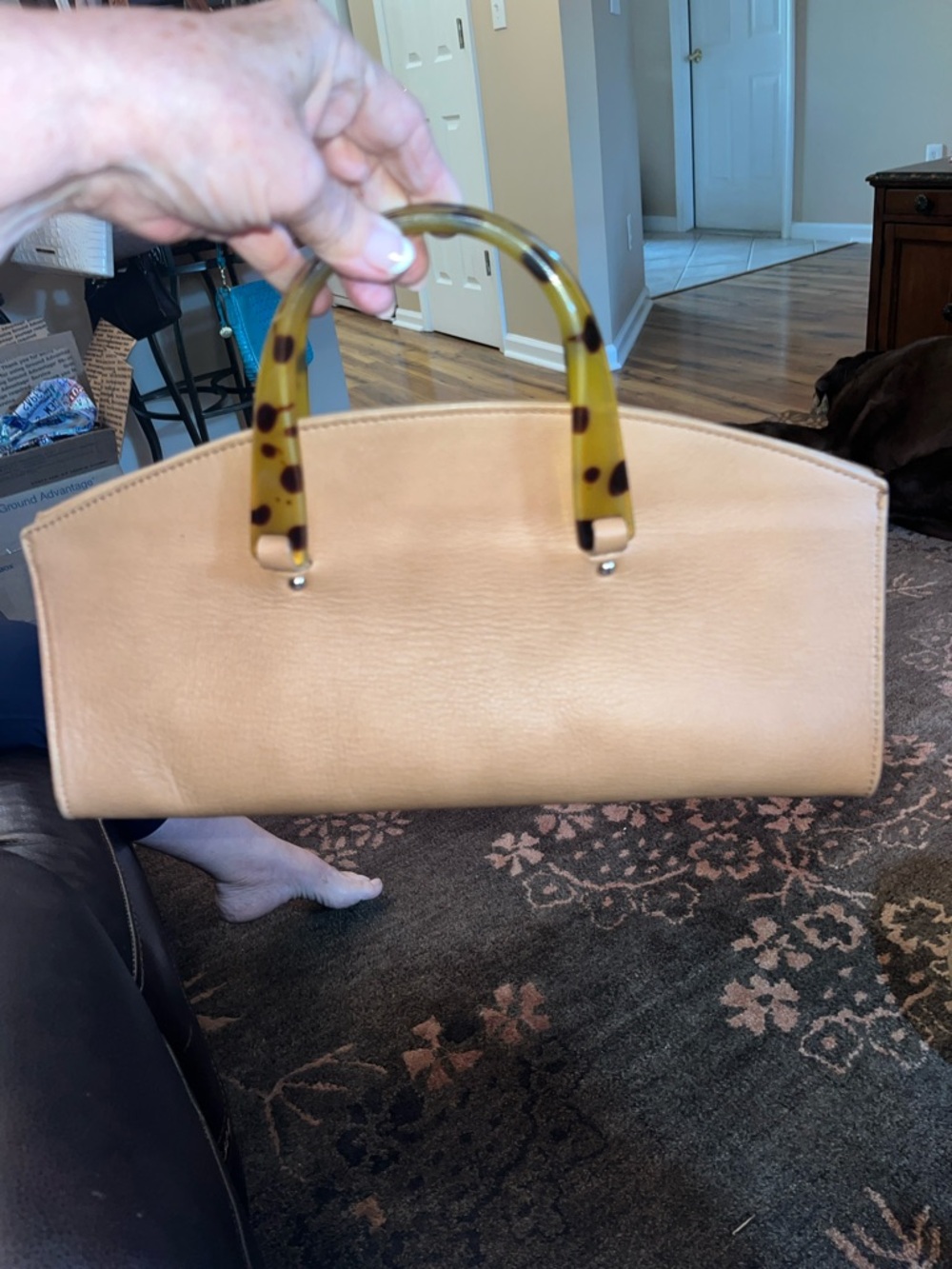 Tan Leather Top-Handle Shoulder Bag with Tortoiseshell Handles